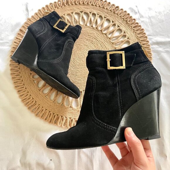 Tory Burch Deana Black Suede Wedge Ankle Boots Size 8 - Picture 1 of 8